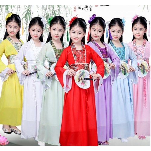 Girls Chinese folk dance dresses kids children pink yellow princess ancient fairy kimono dance cosplay performance robes dancing dresses